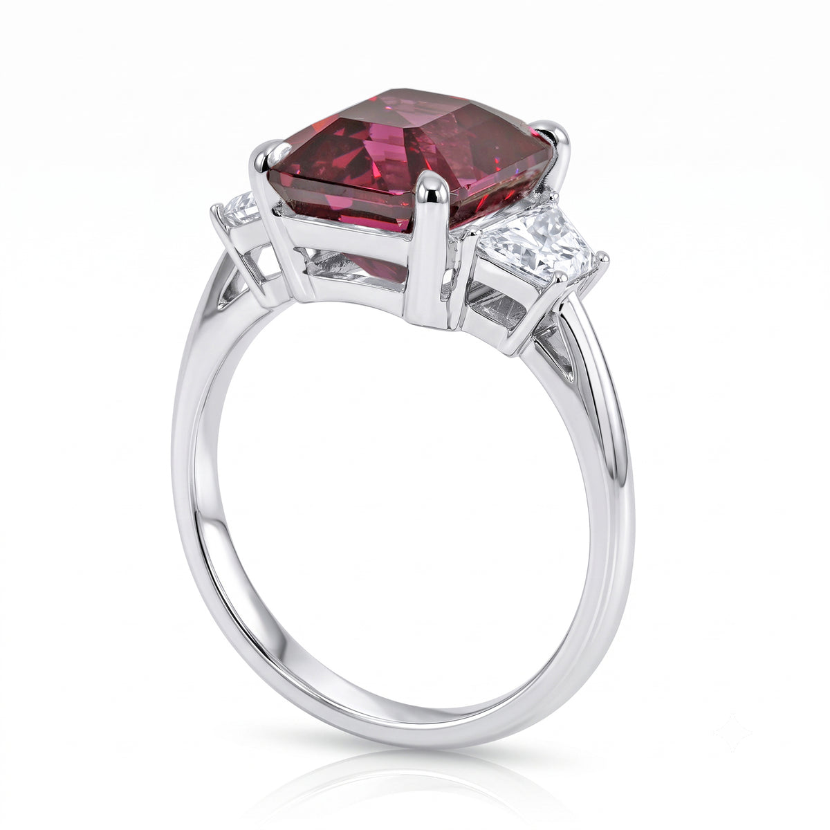 Rhodolite and Trapezoid Diamond Dress Ring set in 18 white gold side view