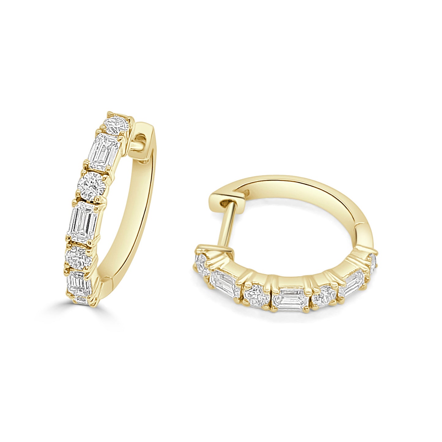 18KY Baguette and Round Diamond Hoops
