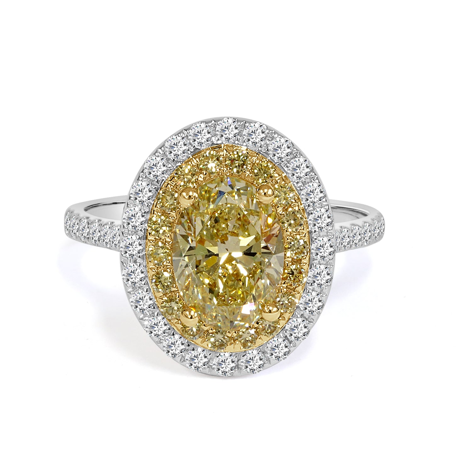 Ring with a yellow diamond and white diamonds on a white background