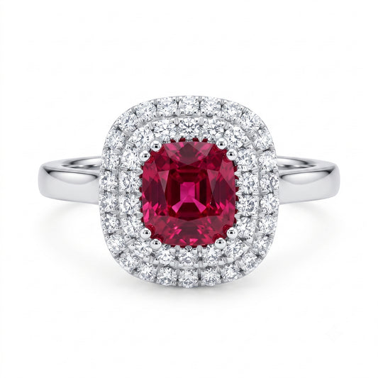 Ruby and Natural Diamond Double Halo Dress Ring