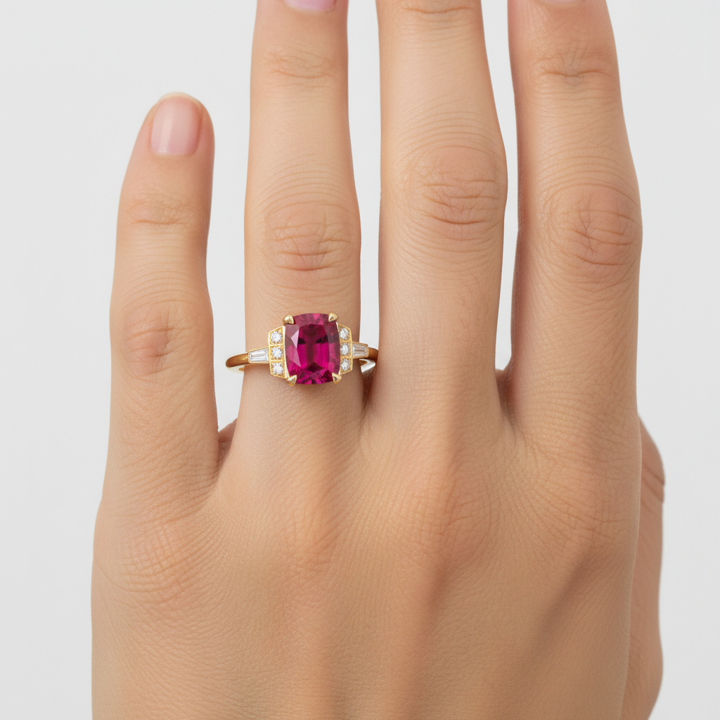 Gold ring with a rubelite tourmaline and diamond accents on a white background