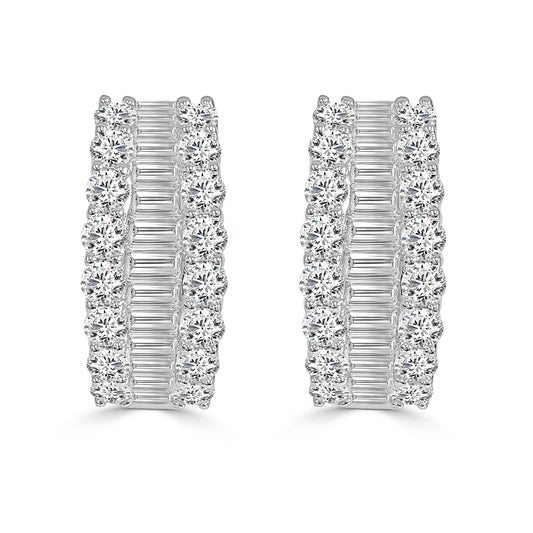 Round and Baguette Natural Diamond Hoop Earrings