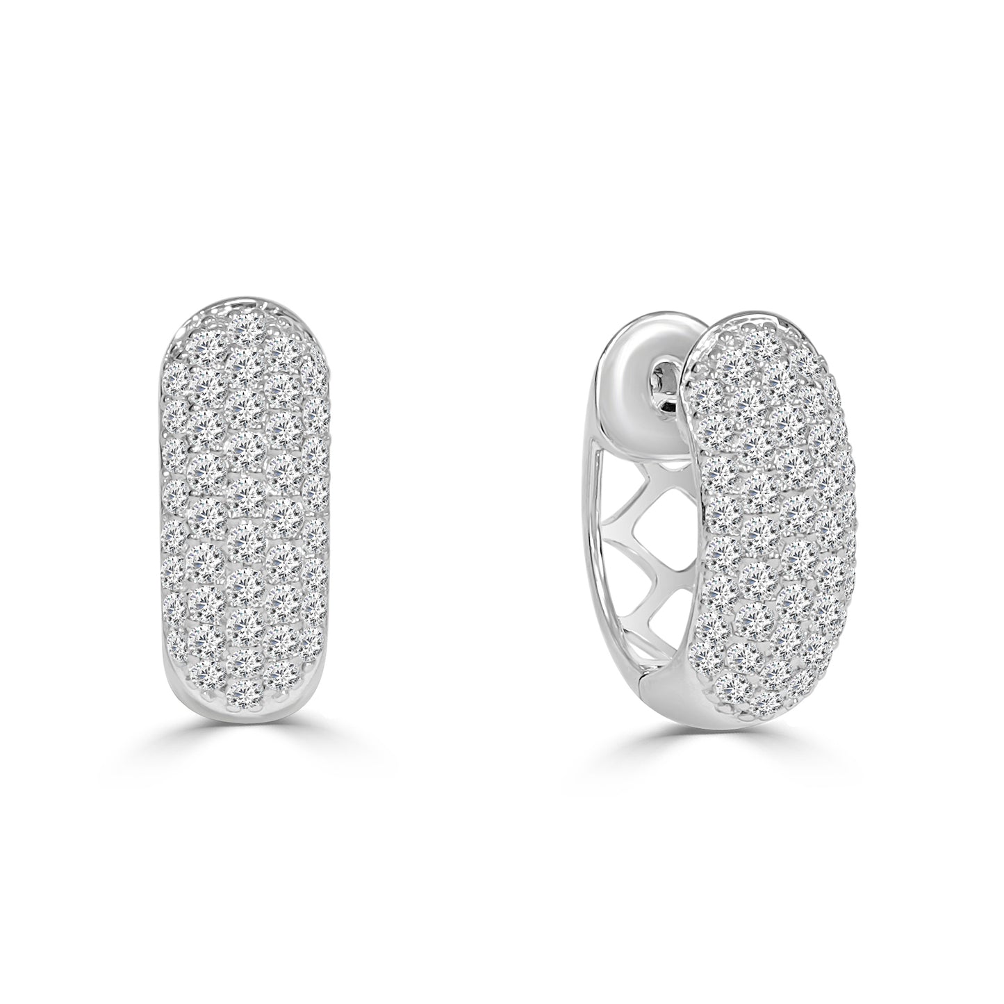 White gold hoop earrings with pave set diamonds on a white background