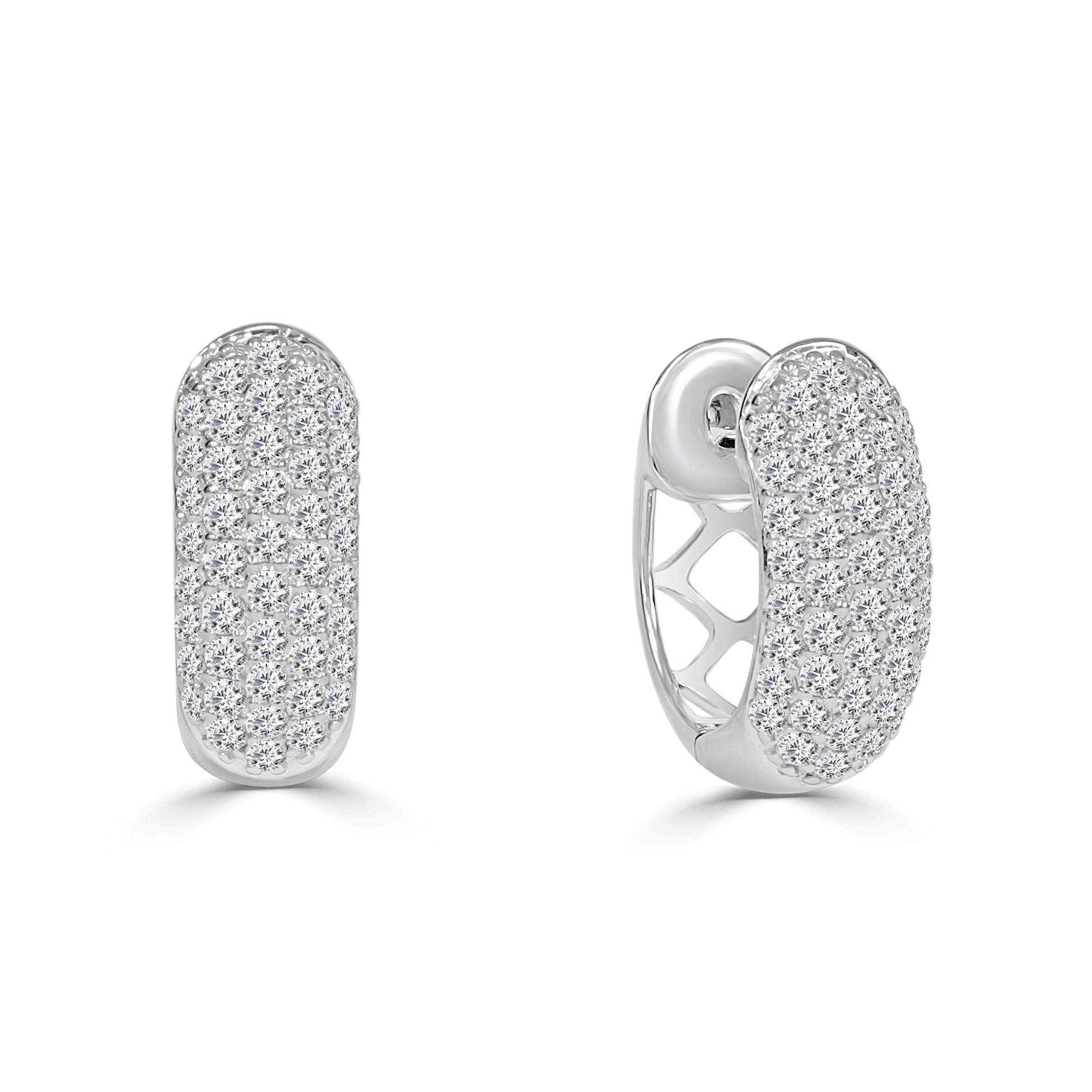 White gold hoop earrings with pave set diamonds on a white background