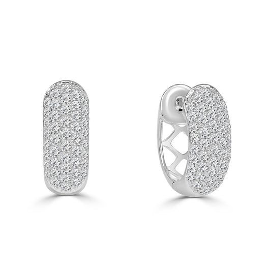 White gold hoop earrings with pave set diamonds on a white background