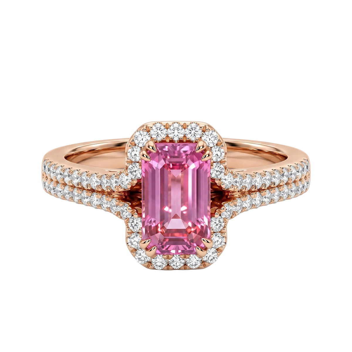 A rose gold ring featuring a large emerald cut pink sapphire center stone surrounded by a halo of small diamonds, with a split shank also paved with diamonds. 