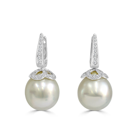 Australian South Sea Pearl Ornate Drop Hoop Earrings