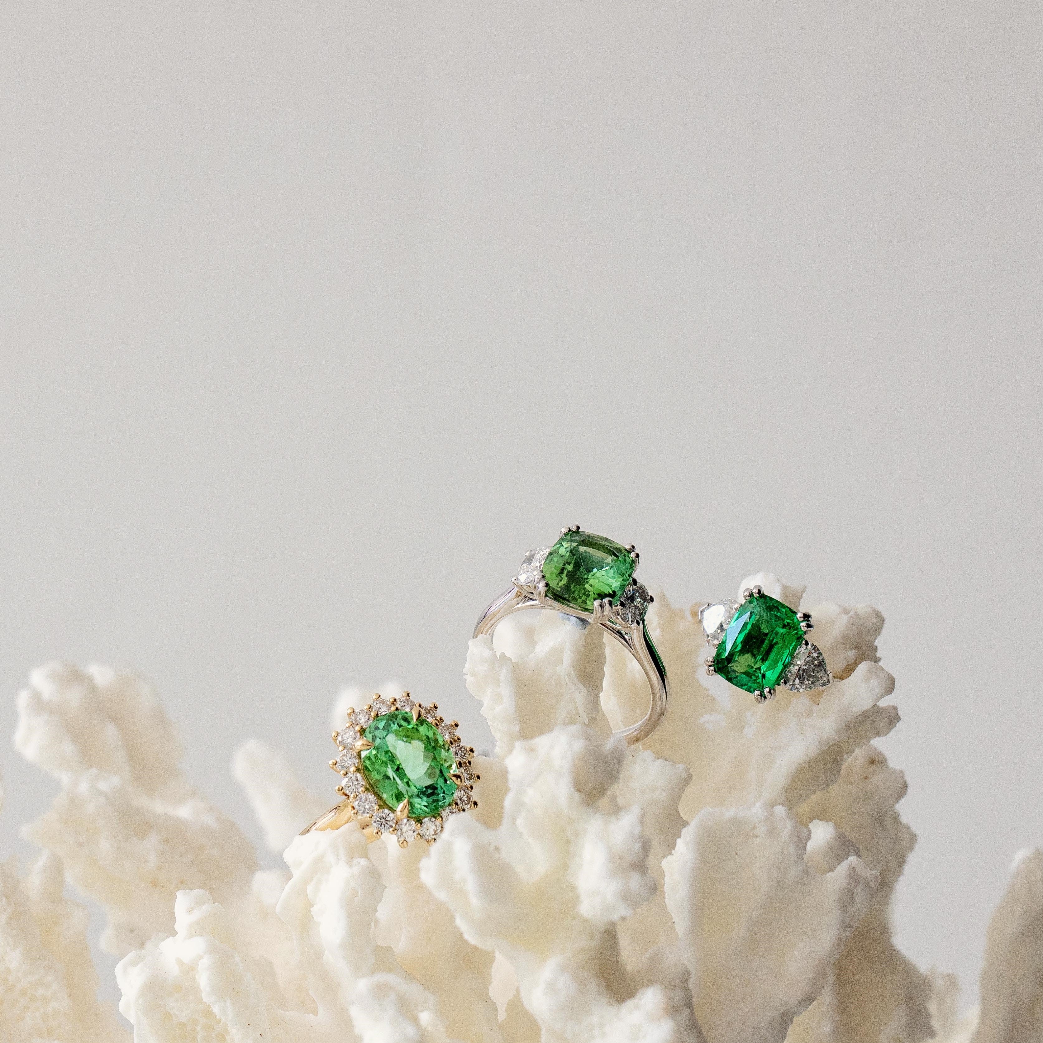Tourmaline, Tsavorite and Emerald and diamond dress rings. Bespoke custom designs brisbane. Diamonds International