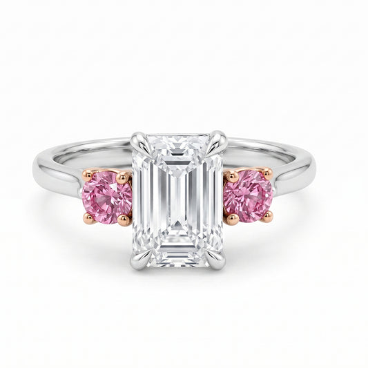 Elarae  - Emerald Cut Lab Grown Diamond and Pink Spinel Engagement Ring