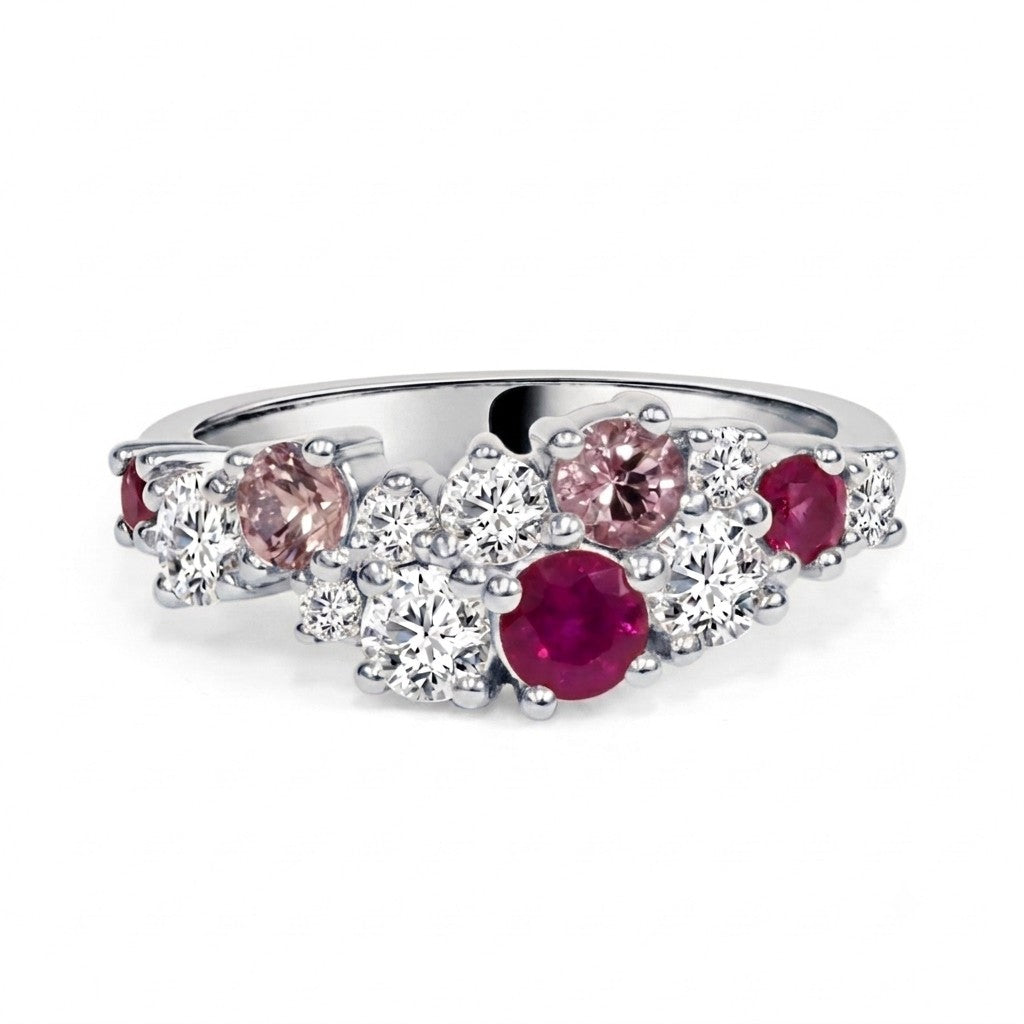 Ruby, Diamond and Spinel Cluster Dress Ring in 18K White Gold