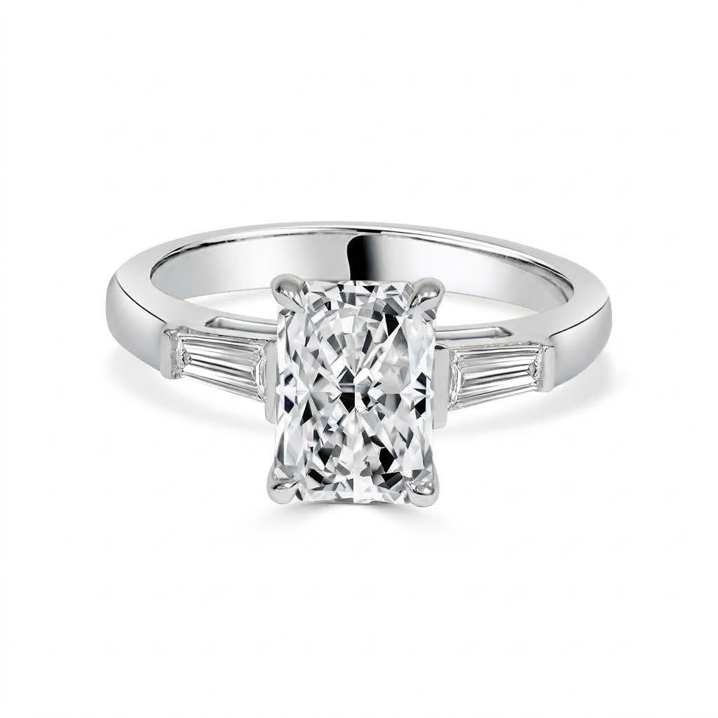 2 ct Lab Grown Radiant Cut Diamond with Tapered Baguettes in 14K White Gold