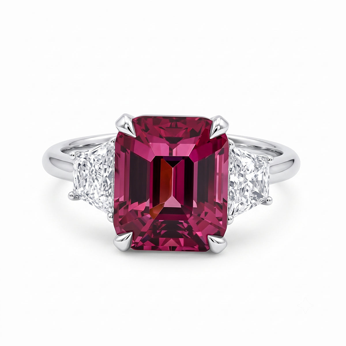 18KW Cushion Cut Rhodolite set with trapezoid diamonds Dress Ring