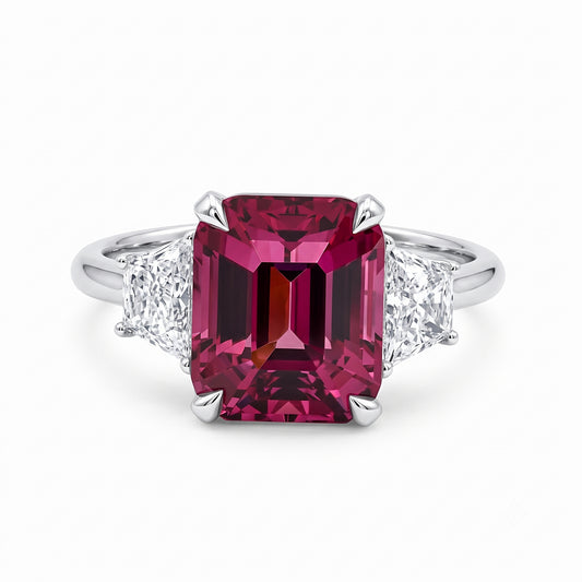 18KW Cushion Cut Rhodolite set with trapezoid diamonds Dress Ring