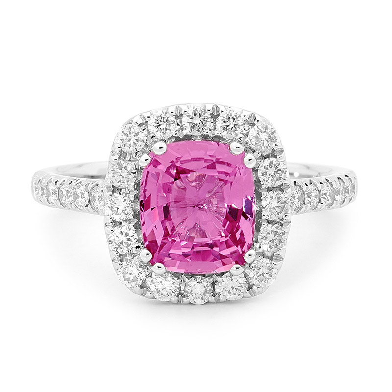 Pink Sapphire Halo Ring - Round Brilliant Cut | Diamonds Intl.