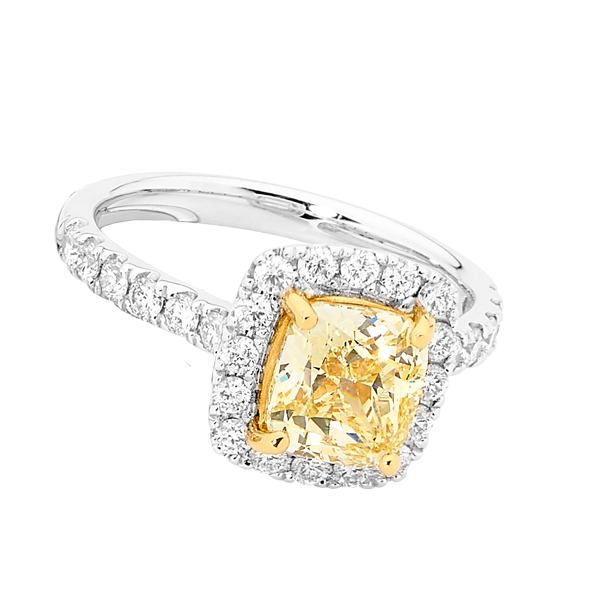 Cushion Yellow Diamond Halo Coloured Stone Ring