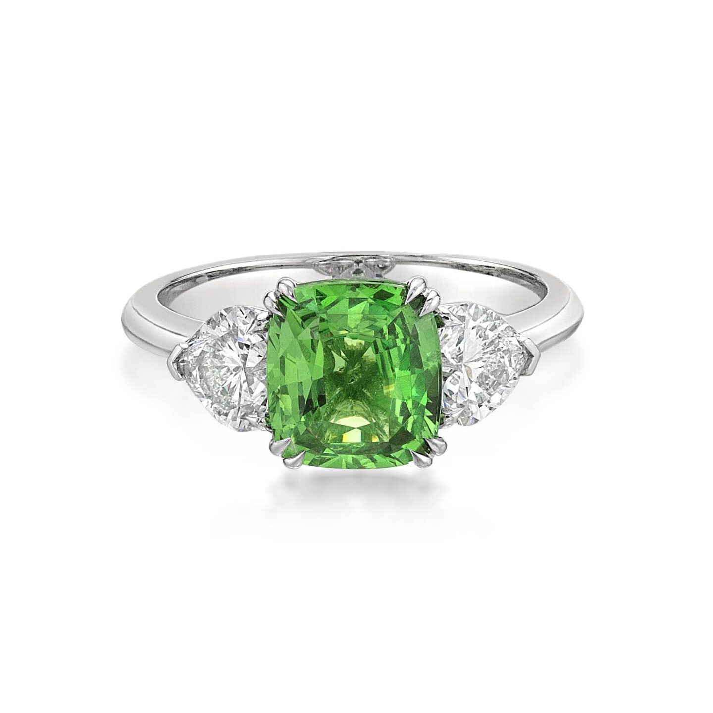 Green Tsavorite and Heart Shape Diamond Trilogy Dress Ring