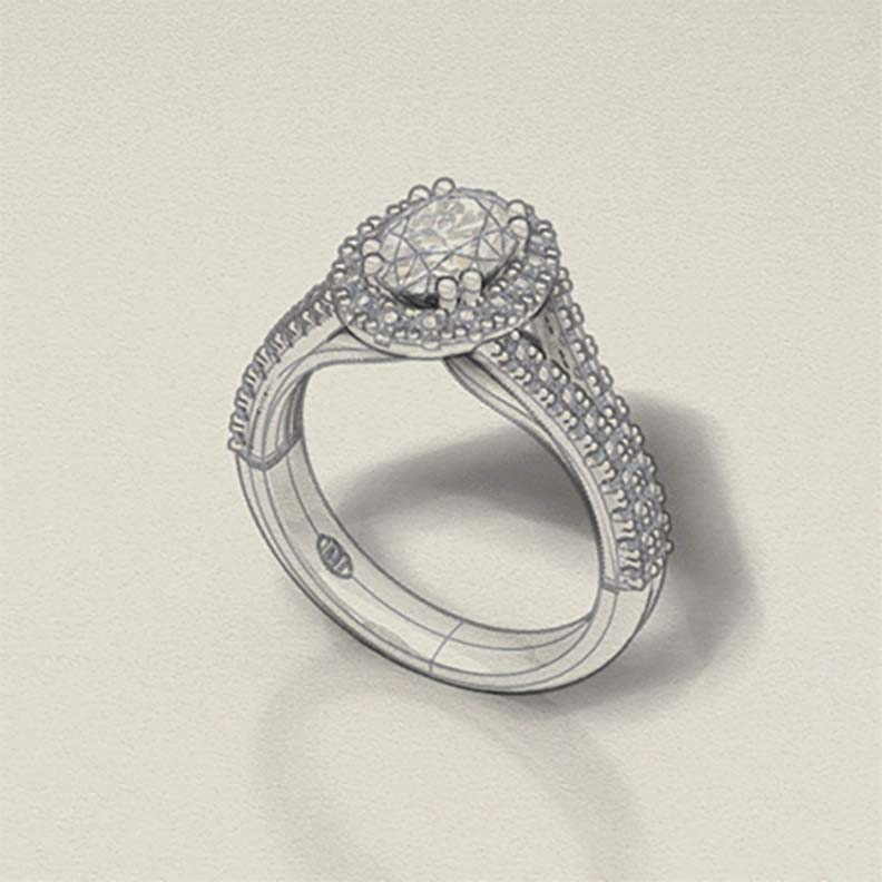 A sketch of a custom made split band halo engagement ring from Diamonds International