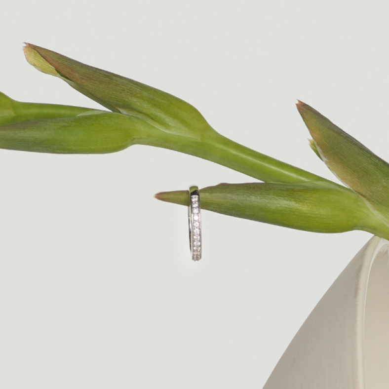 A diamond eternity ring sitting on greenery